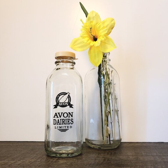 Vintage Milk Bottles. Avon Dairies 9" Clear 10",  3" Base. One Lid. - Picture 1 of 5
